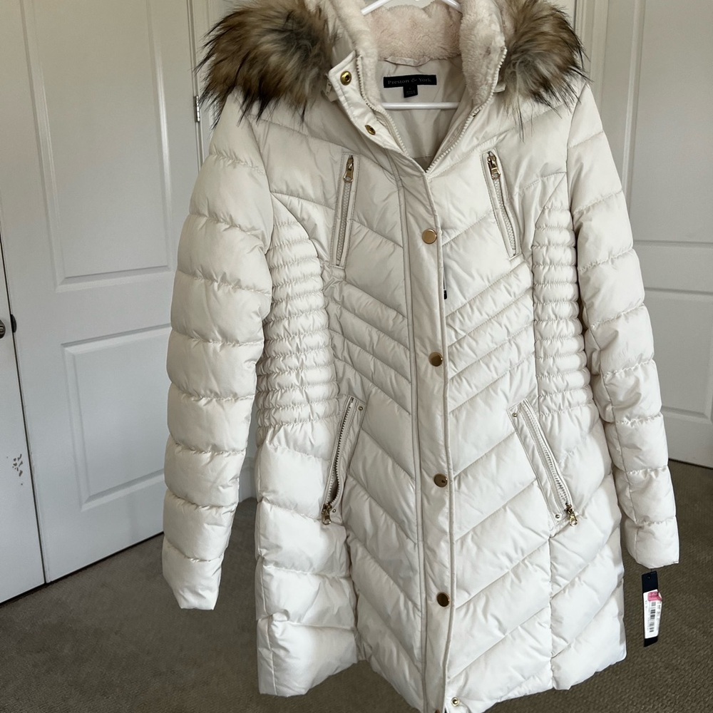 Preston & York Cream Puffer Coat with Faux Fur Hood